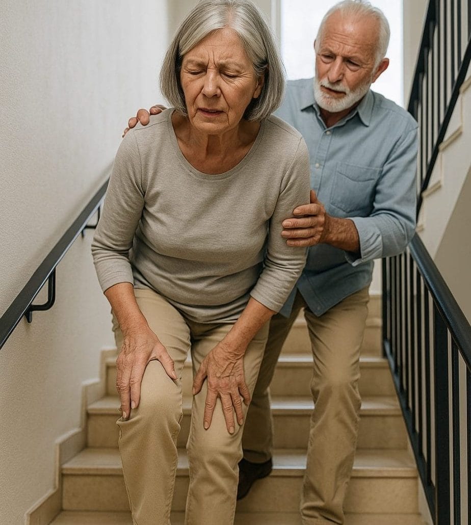 Persona mayor con dolor de rodilla al subir escaleras por padecer condromalacia rotuliana