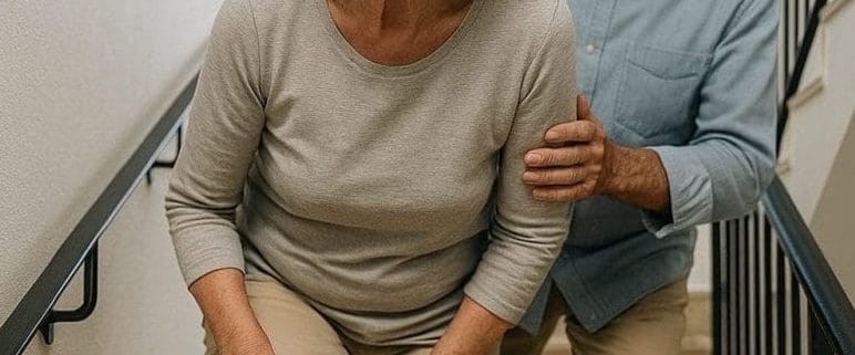Persona mayor con dolor de rodilla al subir escaleras por padecer condromalacia rotuliana