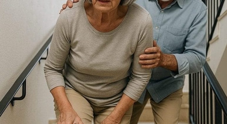 Persona mayor con dolor de rodilla al subir escaleras por padecer condromalacia rotuliana