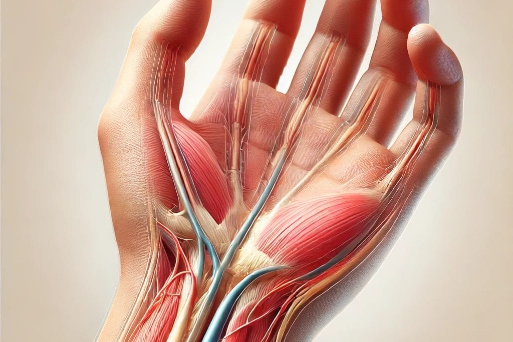 A realistic medical illustration of carpal tunnel syndrome designed for an article. The image should depict a human hand with the palm facing up, highlighting redness and mild swelling in the wrist area. A semi-transparent overlay should subtly reveal the internal anatomy, including the compressed median nerve and tendons. The background should be clean and neutral, suitable for a professional medical article. No text or labels should be present.