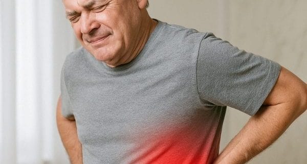 Hombre con dolor lumbar tocándose la zona baja de la espalda, con la región afectada resaltada en rojo en una clínica médica.
