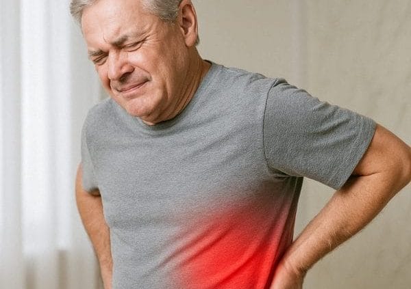 Hombre con dolor lumbar tocándose la zona baja de la espalda, con la región afectada resaltada en rojo en una clínica médica.