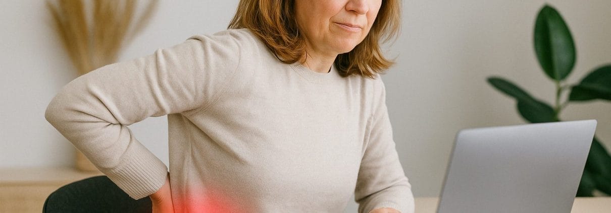 Mujer trabajando desde casa sentada con mala postura, tocándose la zona lumbar con signos de dolor, representando los efectos del sedentarismo en la espalda baja.
