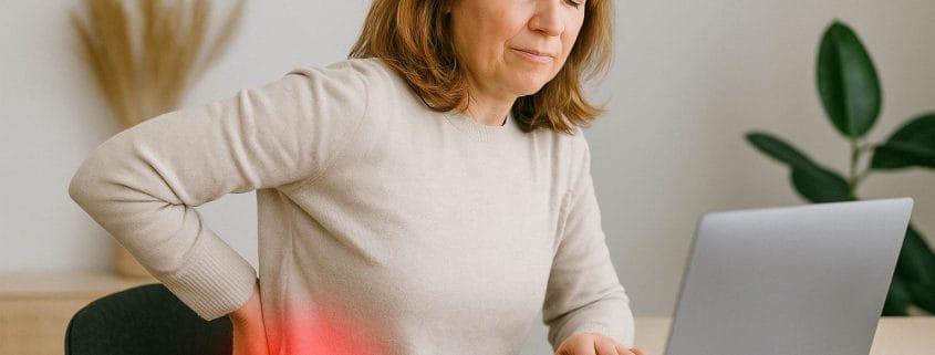 Mujer trabajando desde casa sentada con mala postura, tocándose la zona lumbar con signos de dolor, representando los efectos del sedentarismo en la espalda baja.