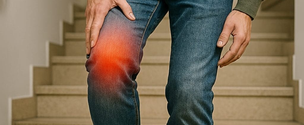 Persona bajando escaleras con gesto de dolor en la rodilla, síntoma común de artrosis o lesión articular.