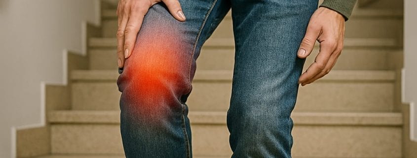Persona bajando escaleras con gesto de dolor en la rodilla, síntoma común de artrosis o lesión articular.