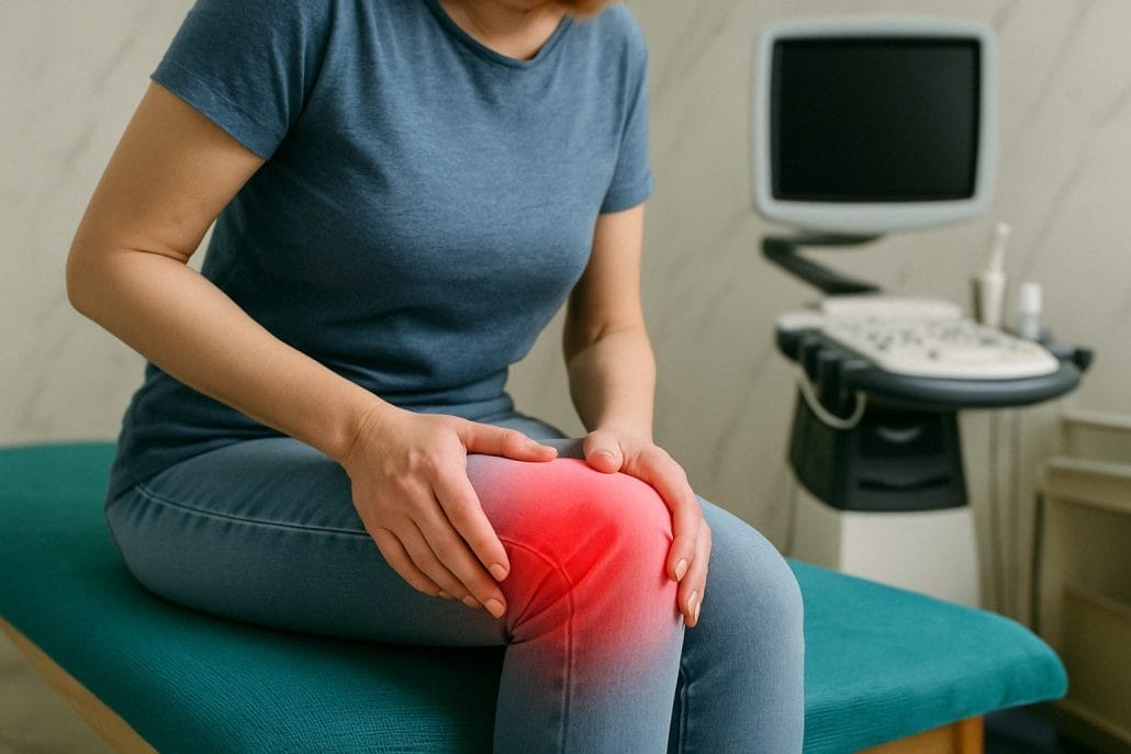 Mujer sentada en casa tocándose la rodilla con signos de dolor, zona resaltada en rojo, representando los efectos del sedentarismo en la articulación de la rodilla.
