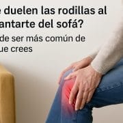 Persona con dolor en la rodilla al levantarse de un sofá, con la zona dolorida resaltada en rojo, en un entorno doméstico.