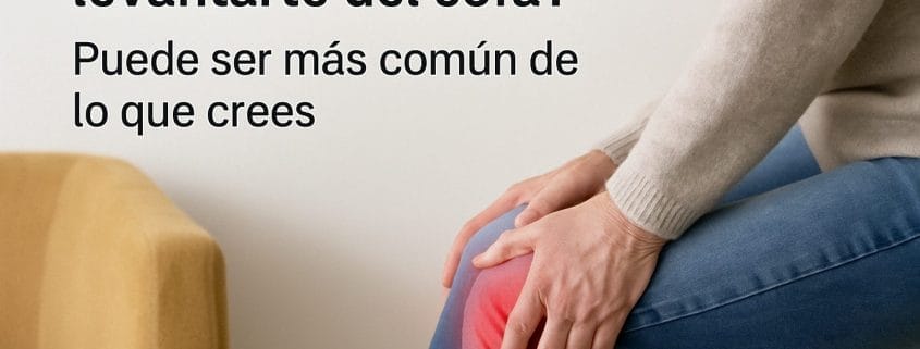 Persona con dolor en la rodilla al levantarse de un sofá, con la zona dolorida resaltada en rojo, en un entorno doméstico.