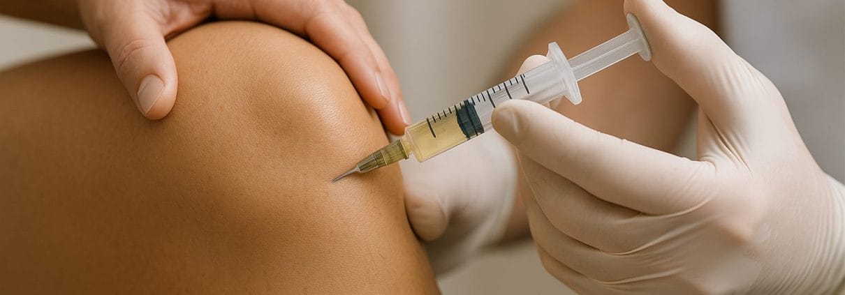 Imagen médica de una rodilla siendo infiltrada con aguja y jeringa, técnica utilizada en el tratamiento conservador de la artrosis.