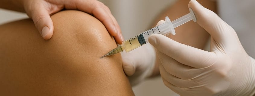 Imagen médica de una rodilla siendo infiltrada con aguja y jeringa, técnica utilizada en el tratamiento conservador de la artrosis.