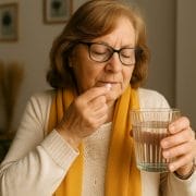 Mujer mayor tomando colágeno con agua para mejorar la salud de sus articulaciones.