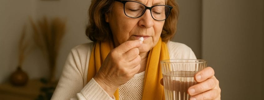 Mujer mayor tomando colágeno con agua para mejorar la salud de sus articulaciones.