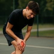 Adolescente deportista tocándose la parte baja de la rodilla con expresión de dolor, representando la enfermedad de Osgood-Schlatter en un entorno deportivo.