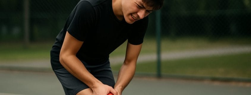 Adolescente deportista tocándose la parte baja de la rodilla con expresión de dolor, representando la enfermedad de Osgood-Schlatter en un entorno deportivo.